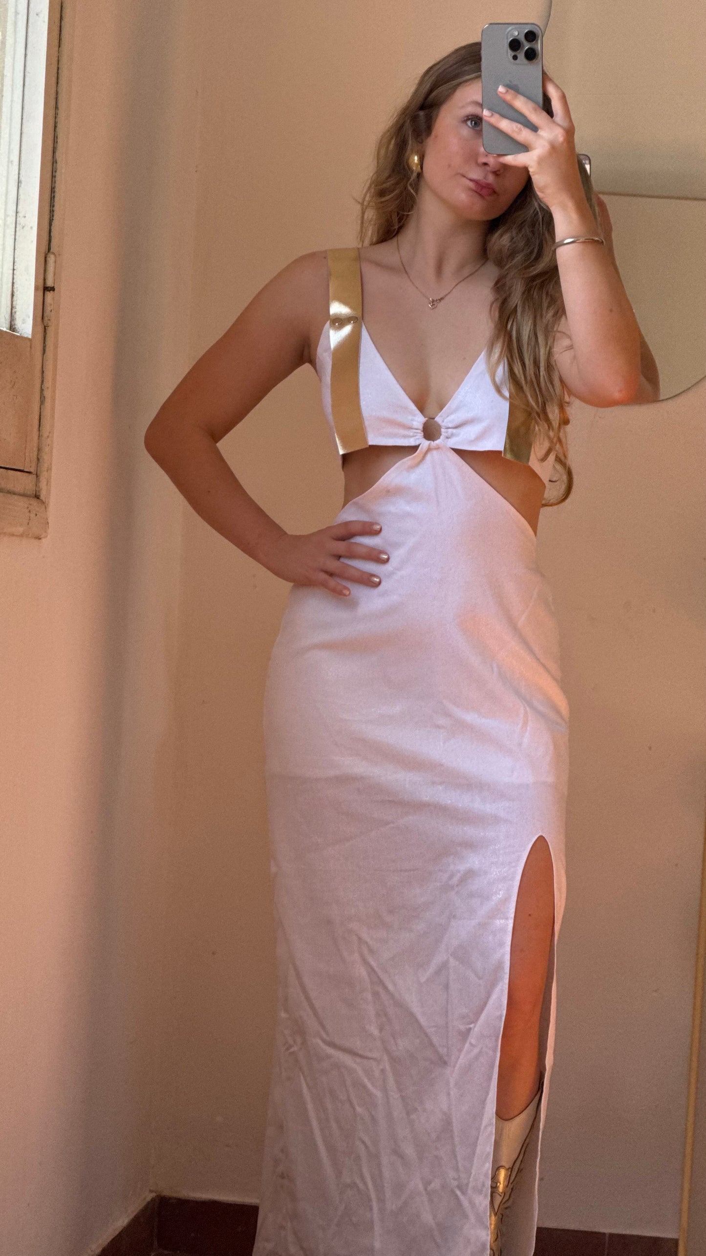 vestido iconic blanco brilloso largo